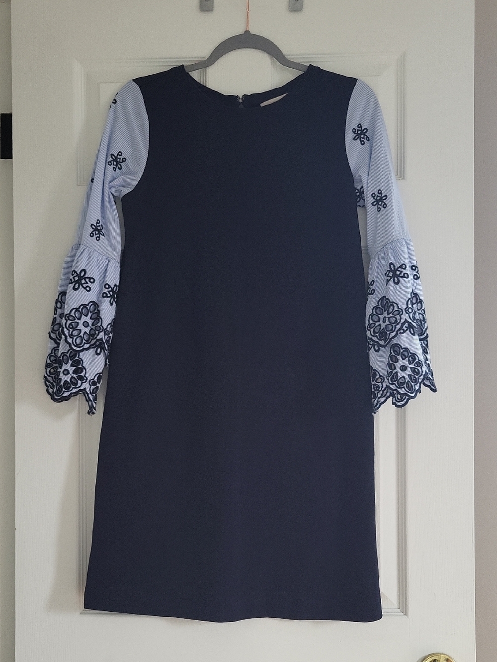 LOFT Navy Cotton Dress with Embroidered Sleeves, XS
